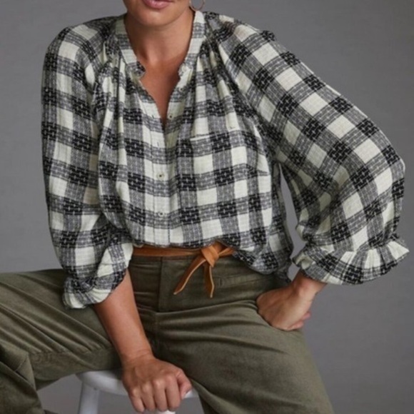 Anthropologie Pilcro Breezy Button down Black Ruffle Lightweight Plaid Shirt Top - Picture 1 of 12
